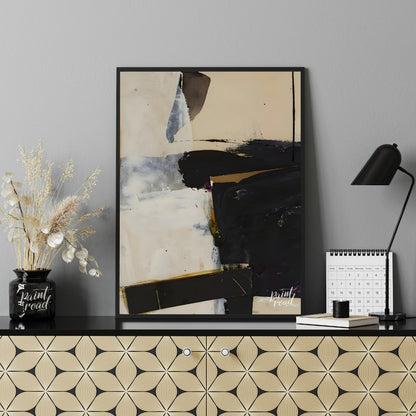 This artwork, reminiscent of Franz Kline's style, features a bold composition of black and white fo… for office