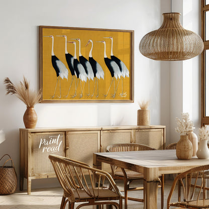 This artwork, reminiscent of Ogata Korin's style, features a striking arrangement of seven cranes a… for dining room