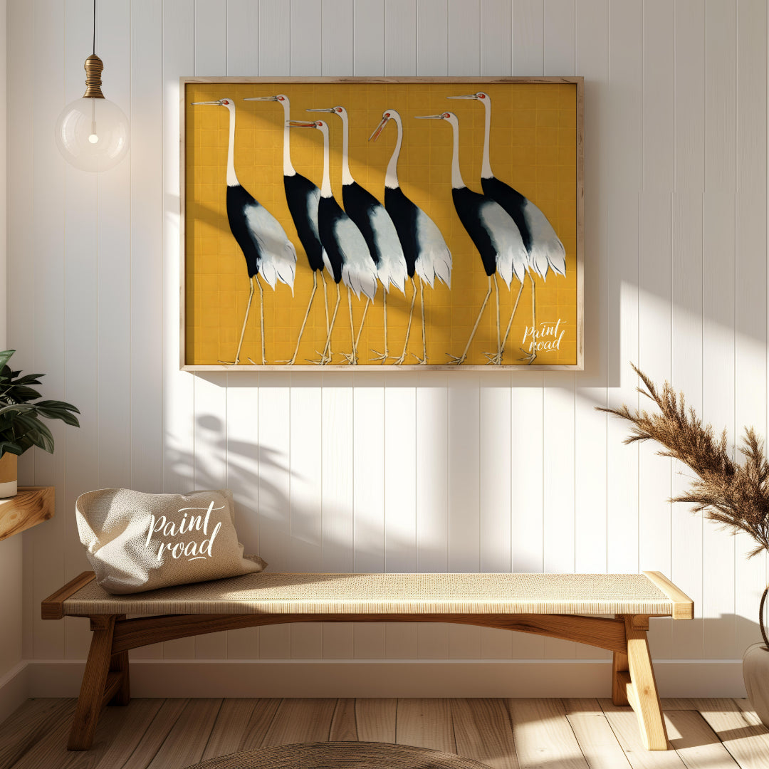 This artwork, reminiscent of Ogata Korin's style, features a striking arrangement of seven cranes a… for entryway