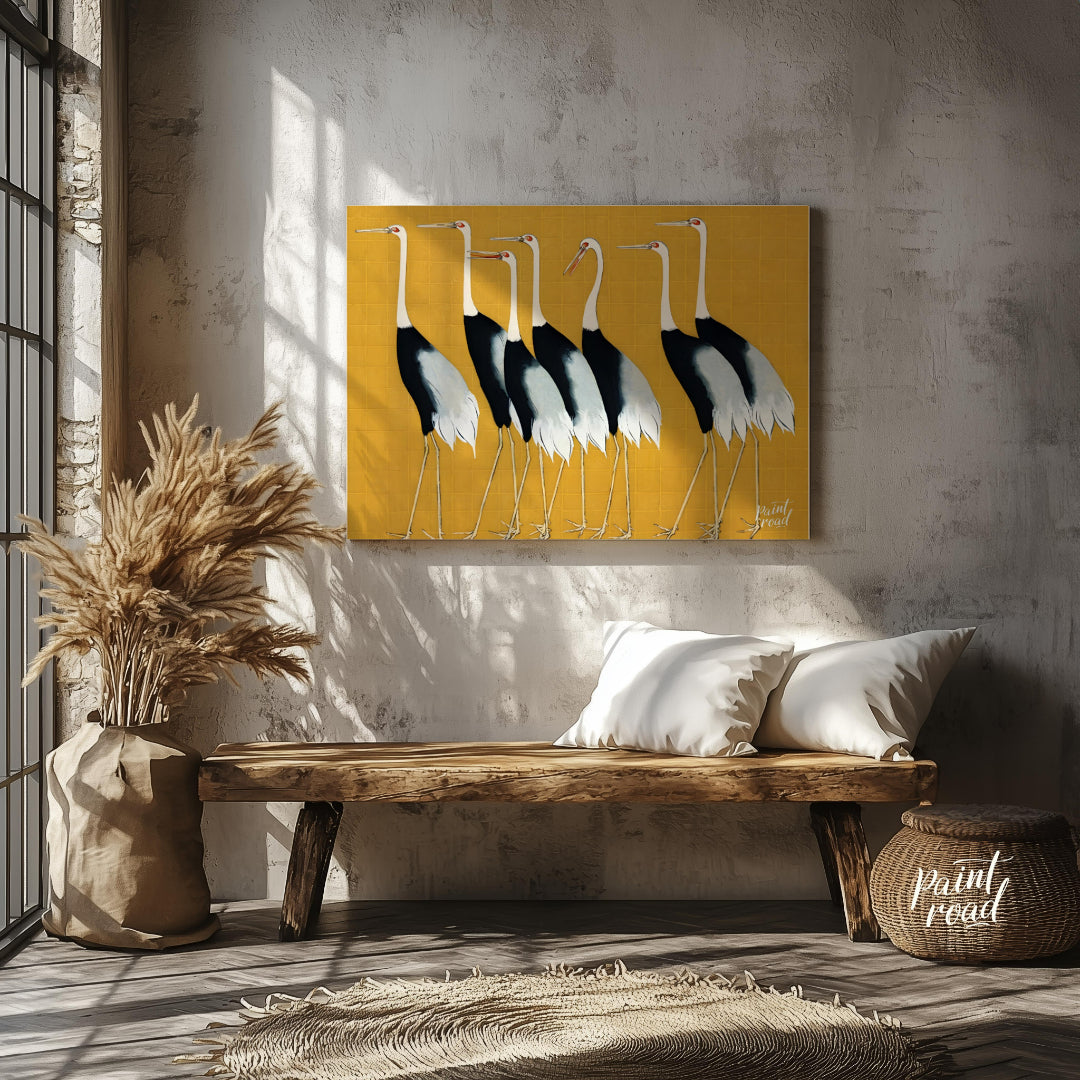 This artwork, reminiscent of Ogata Korin's style, features a striking arrangement of seven cranes a… for entryway