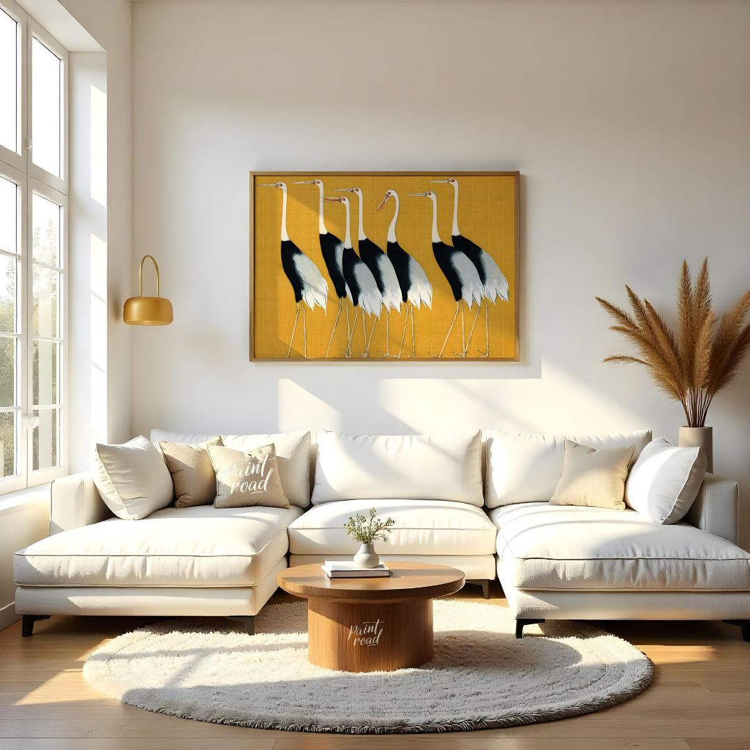 This artwork, reminiscent of Ogata Korin's style, features a striking arrangement of seven cranes a… for living room