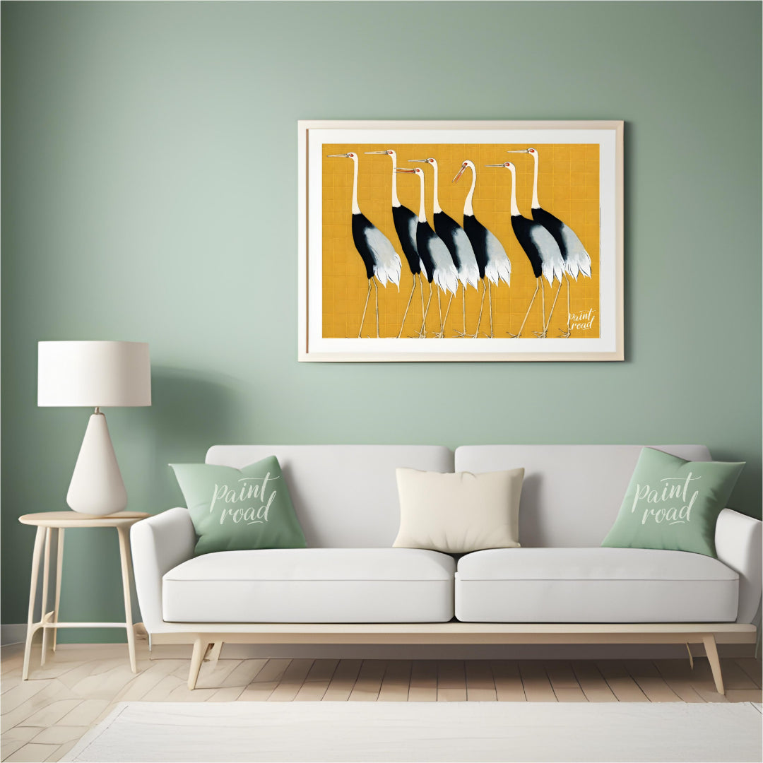 This artwork, reminiscent of Ogata Korin's style, features a striking arrangement of seven cranes a… for living room