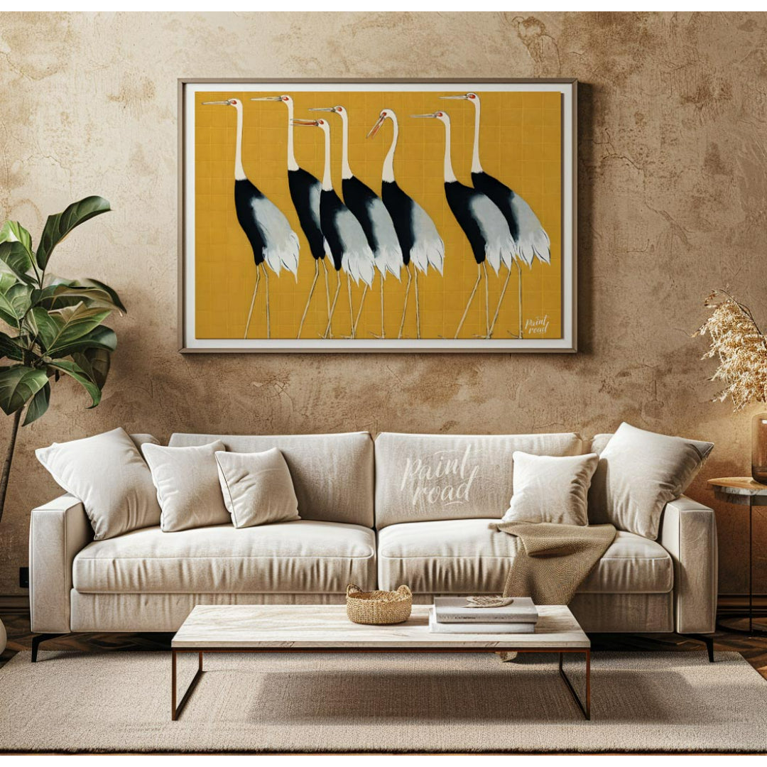 This artwork, reminiscent of Ogata Korin's style, features a striking arrangement of seven cranes a… for living room