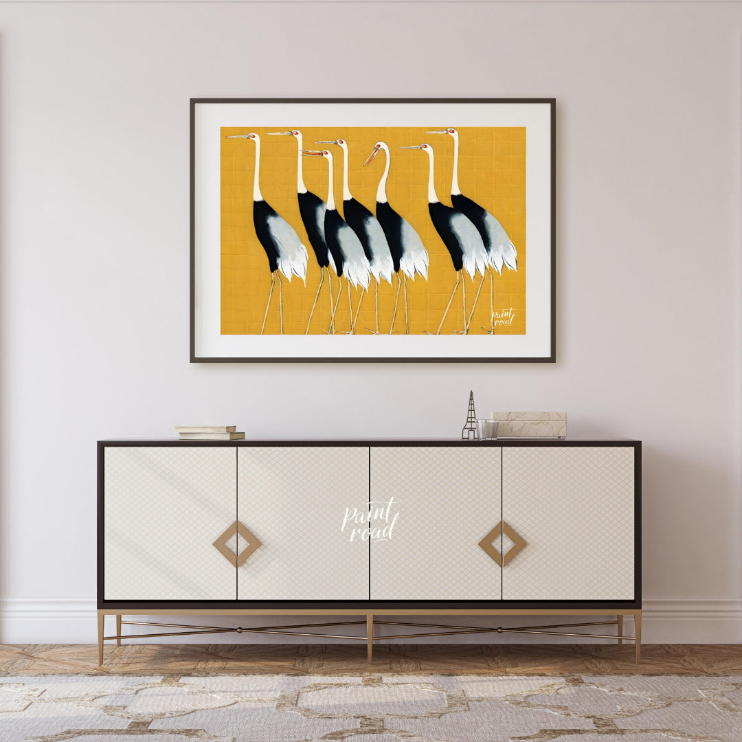 This artwork, reminiscent of Ogata Korin's style, features a striking arrangement of seven cranes a… for living room