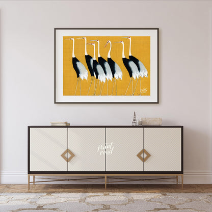 This artwork, reminiscent of Ogata Korin's style, features a striking arrangement of seven cranes a… for living room
