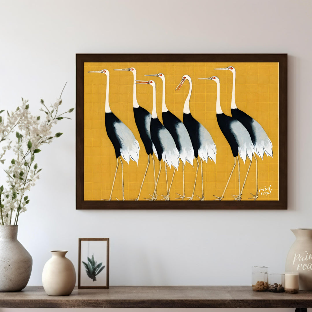 This artwork, reminiscent of Ogata Korin's style, features a striking arrangement of seven cranes a… for living room