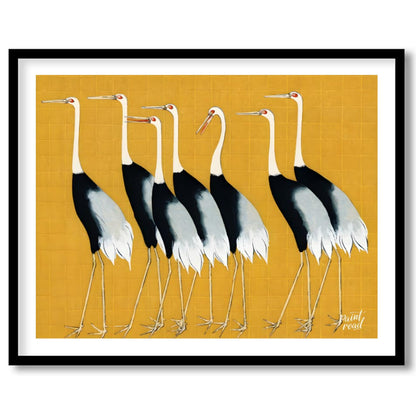 This artwork, reminiscent of Ogata Korin's style, features a striking arrangement of seven cranes a… for place