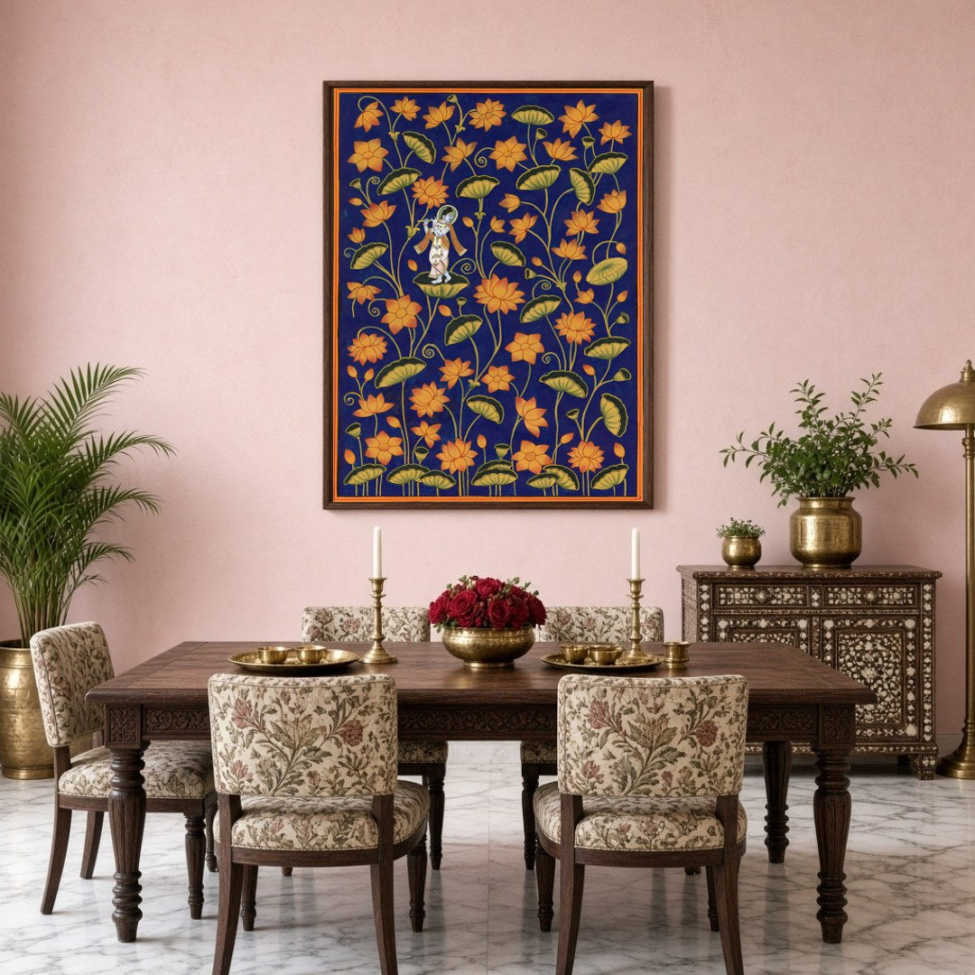 Immerse yourself in the divine elegance of 'Krishna Amidst Golden Lotus,' a Pichwai art masterpiece for Dining