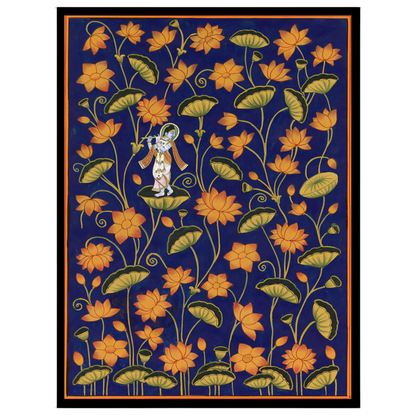 Immerse yourself in the divine elegance of 'Krishna Amidst Golden Lotus,' a Pichwai art masterpiece for dwelling