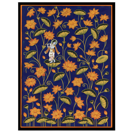 Immerse yourself in the divine elegance of 'Krishna Amidst Golden Lotus,' a Pichwai art masterpiece for dwelling