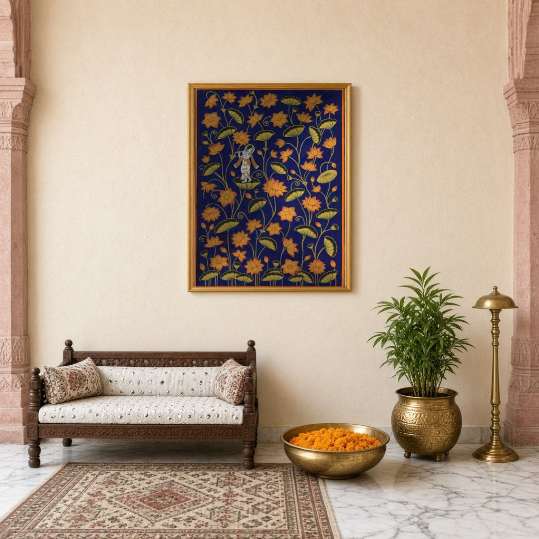 Immerse yourself in the divine elegance of 'Krishna Amidst Golden Lotus,' a Pichwai art masterpiece for Entrance