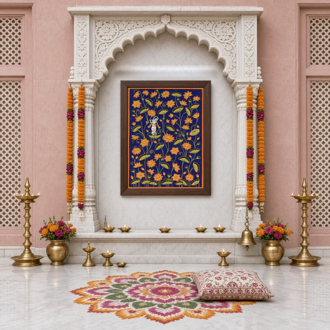 Immerse yourself in the divine elegance of 'Krishna Amidst Golden Lotus,' a Pichwai art masterpiece for Home Temple