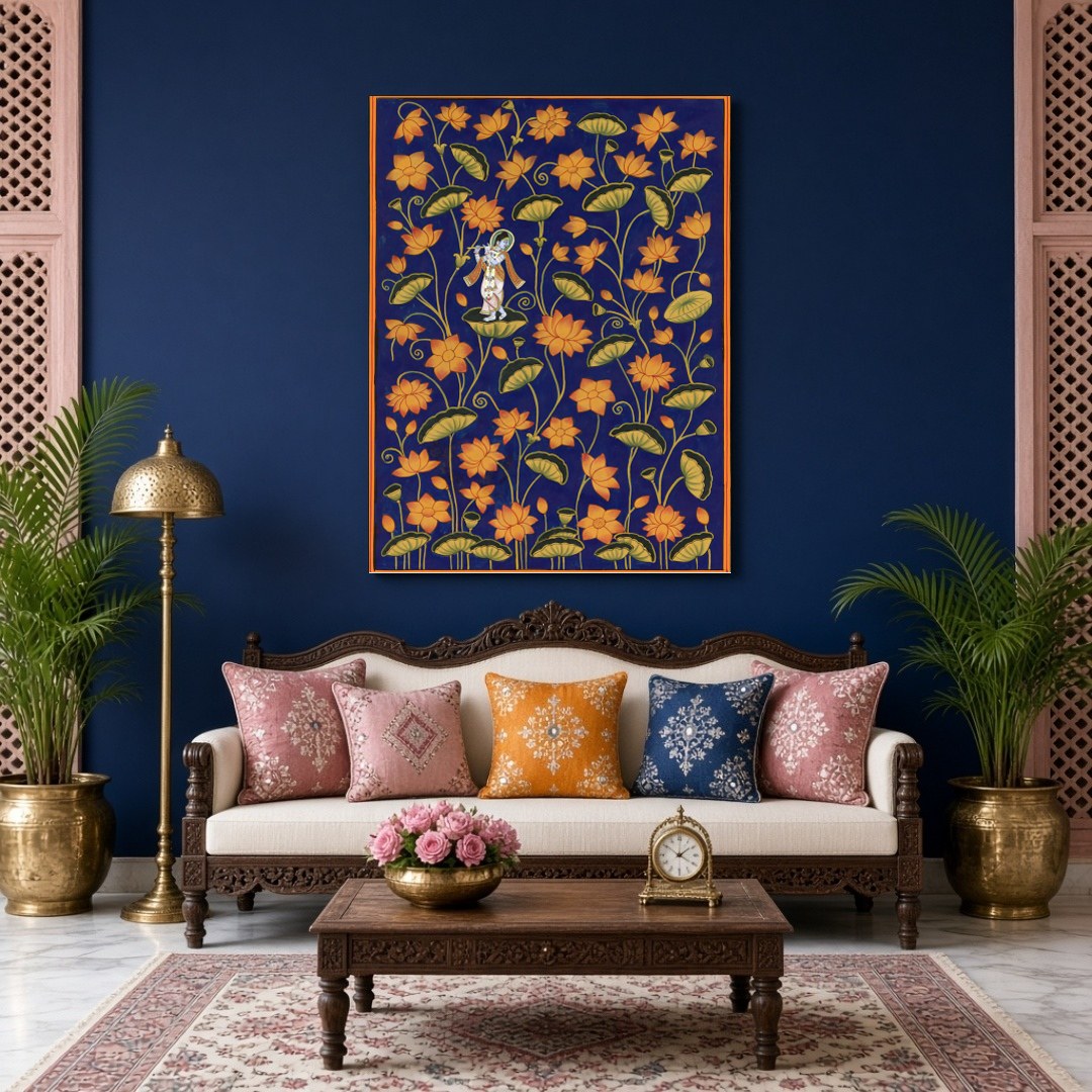 Immerse yourself in the divine elegance of 'Krishna Amidst Golden Lotus,' a Pichwai art masterpiece for Living Room
