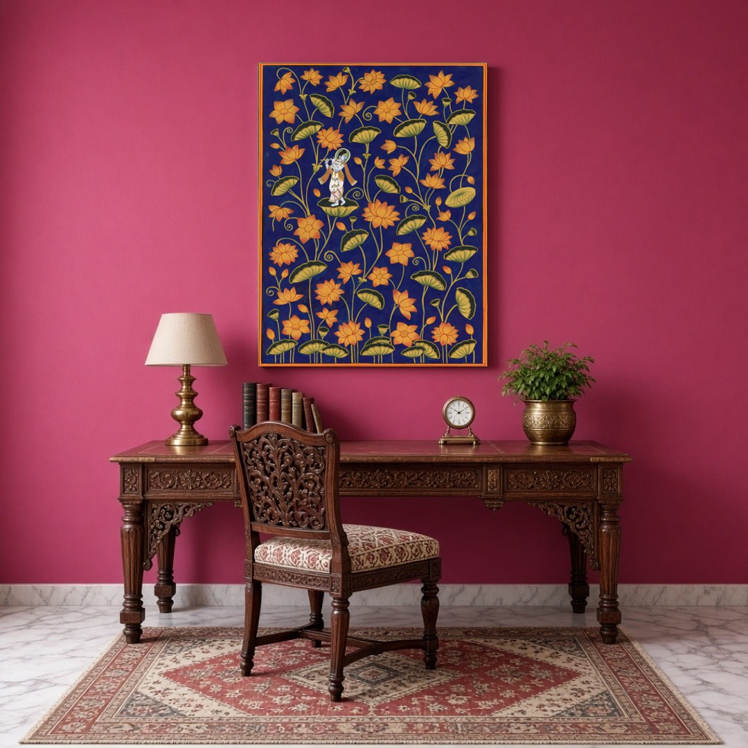 Immerse yourself in the divine elegance of 'Krishna Amidst Golden Lotus,' a Pichwai art masterpiece for Study