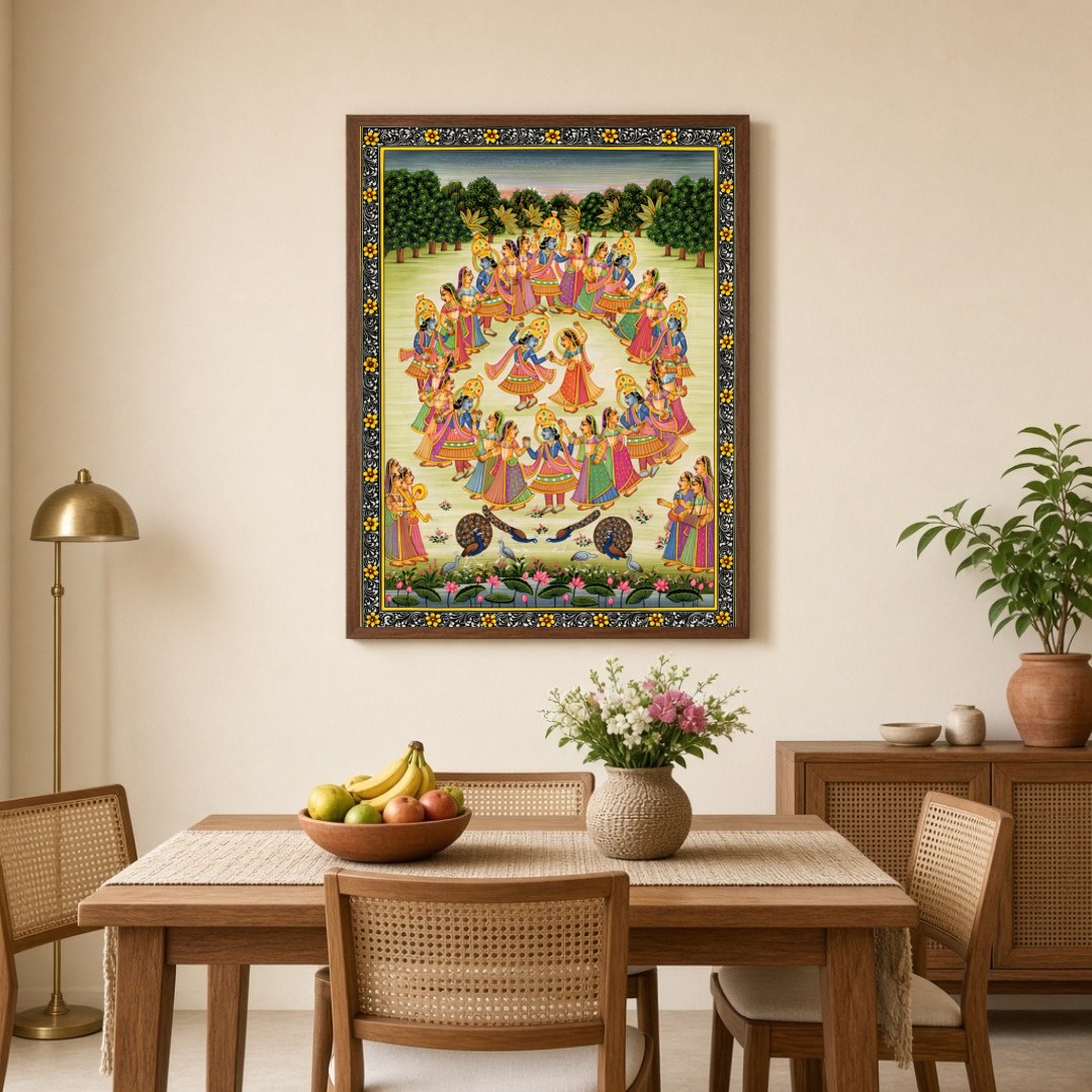 Immerse yourself in the celestial dance of Krishna and the Gopis captured in this exquisite Pichwai for Dining