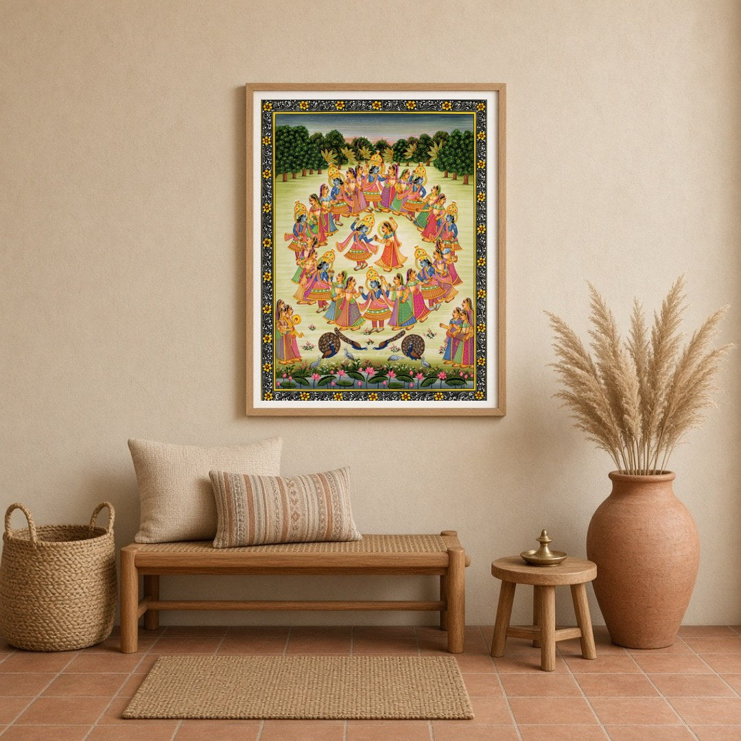 Immerse yourself in the celestial dance of Krishna and the Gopis captured in this exquisite Pichwai for Entrance