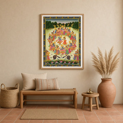 Immerse yourself in the celestial dance of Krishna and the Gopis captured in this exquisite Pichwai for Entrance