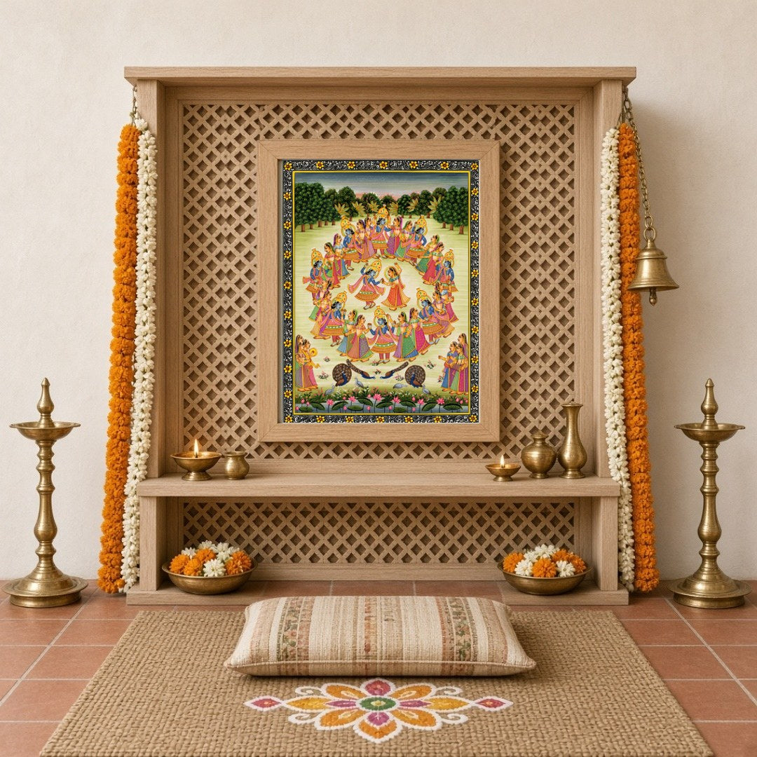 Immerse yourself in the celestial dance of Krishna and the Gopis captured in this exquisite Pichwai for Home Temple