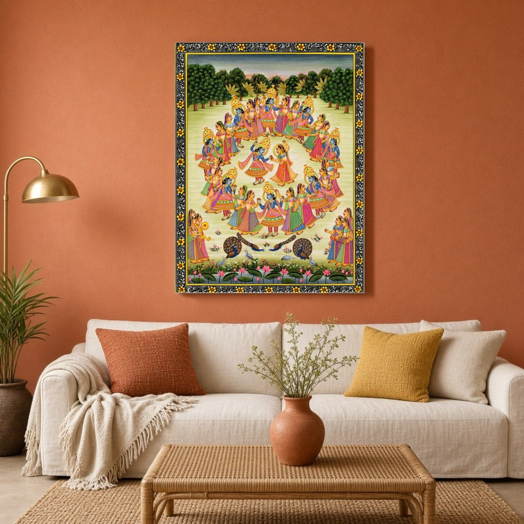 Immerse yourself in the celestial dance of Krishna and the Gopis captured in this exquisite Pichwai for Living Room