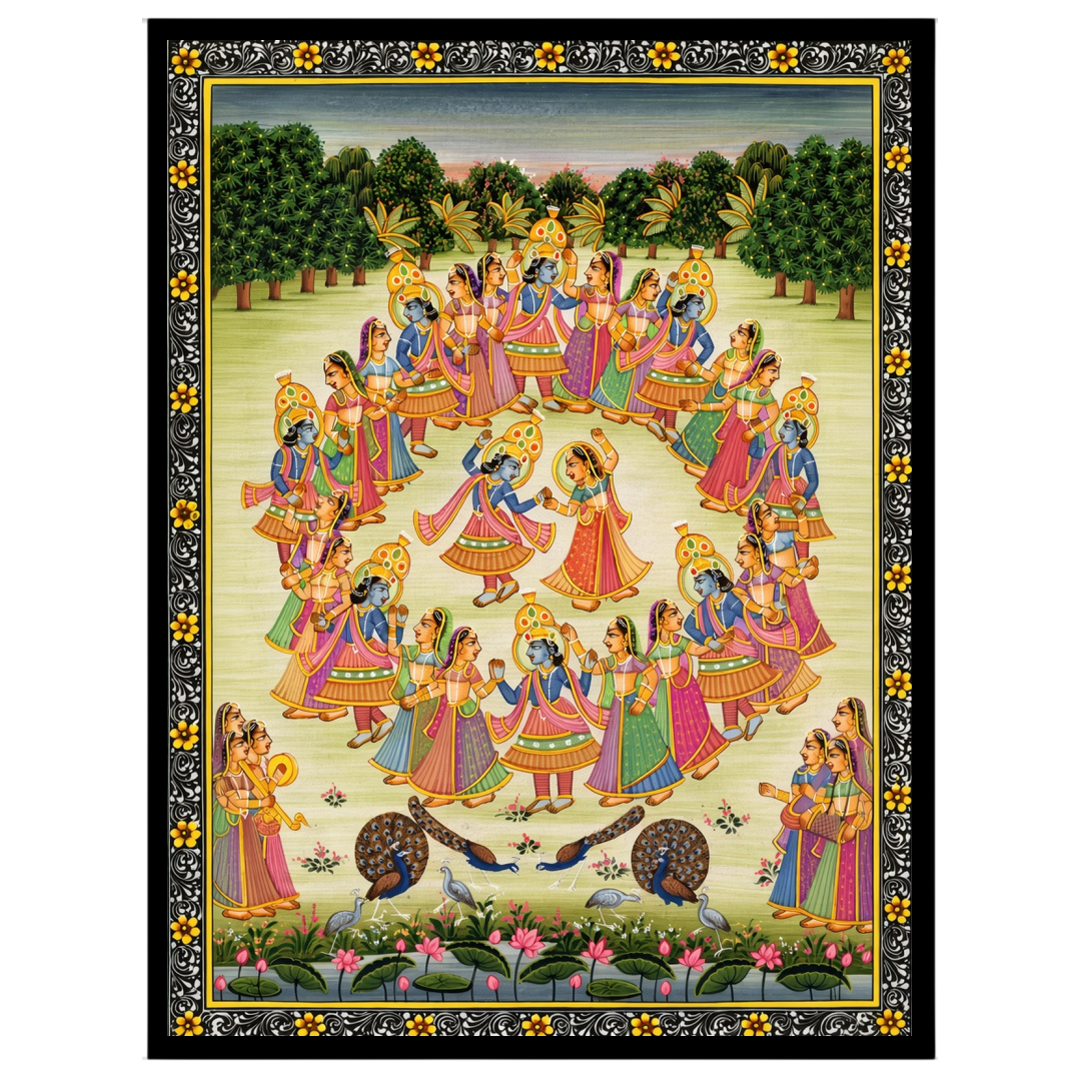 Immerse yourself in the celestial dance of Krishna and the Gopis captured in this exquisite Pichwai for office