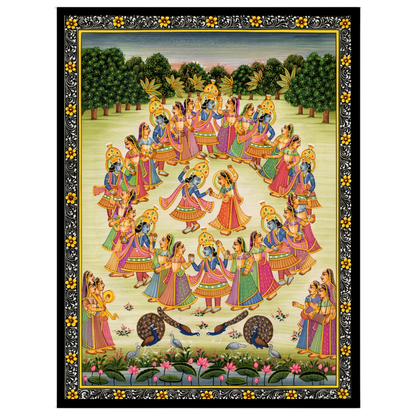 Immerse yourself in the celestial dance of Krishna and the Gopis captured in this exquisite Pichwai for office