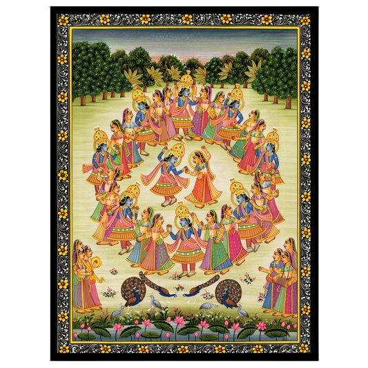 Immerse yourself in the celestial dance of Krishna and the Gopis captured in this exquisite Pichwai for office