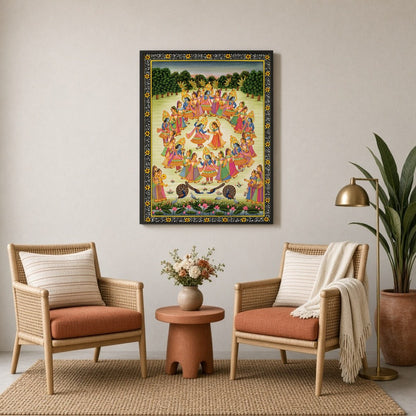 Immerse yourself in the celestial dance of Krishna and the Gopis captured in this exquisite Pichwai for Sitting Lounge