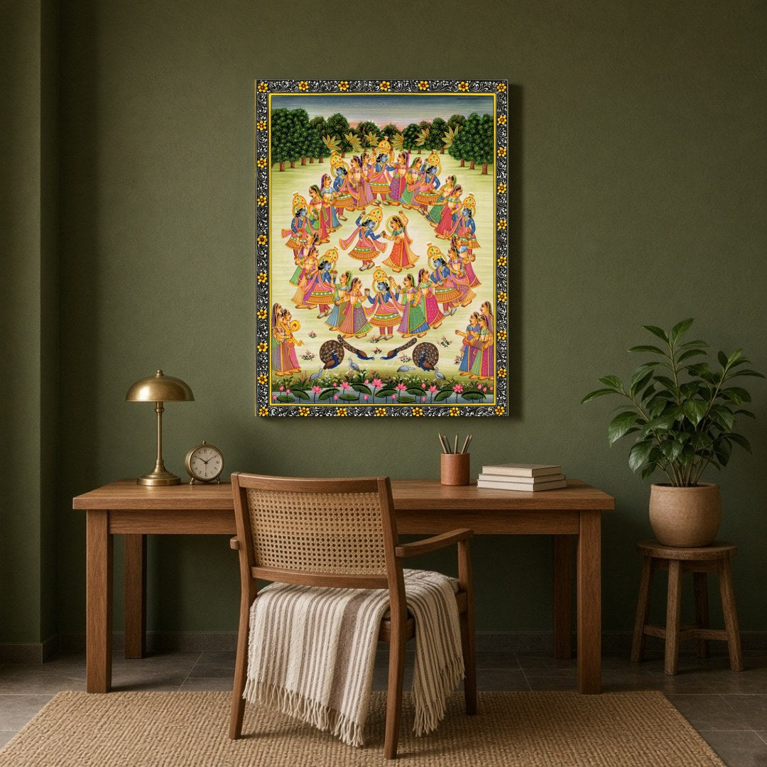Immerse yourself in the celestial dance of Krishna and the Gopis captured in this exquisite Pichwai for Study
