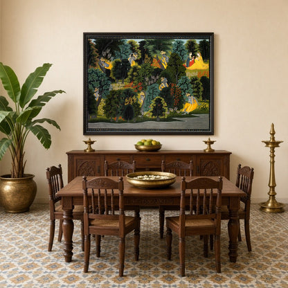 Immerse yourself in the serene beauty of Krishna and Radha amidst an enchanted forest in this for Dining