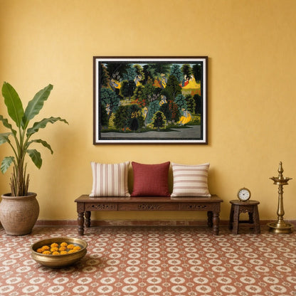 Immerse yourself in the serene beauty of Krishna and Radha amidst an enchanted forest in this for Entrance