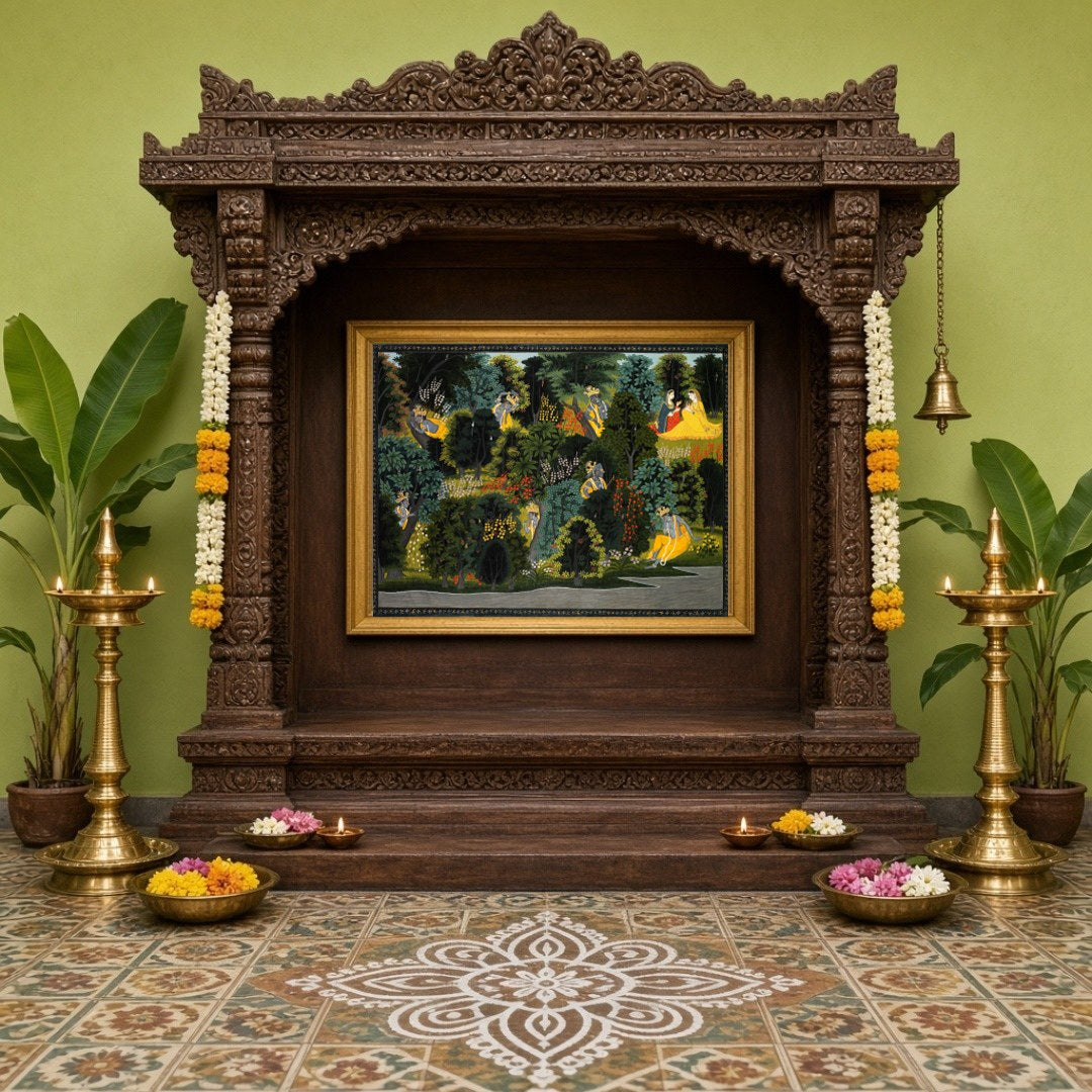 Immerse yourself in the serene beauty of Krishna and Radha amidst an enchanted forest in this for Home Temple