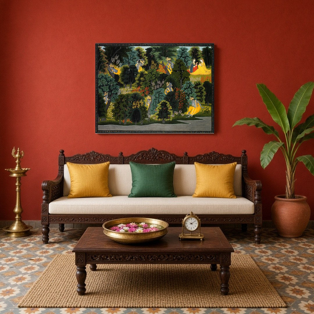 Immerse yourself in the serene beauty of Krishna and Radha amidst an enchanted forest in this for Living Room