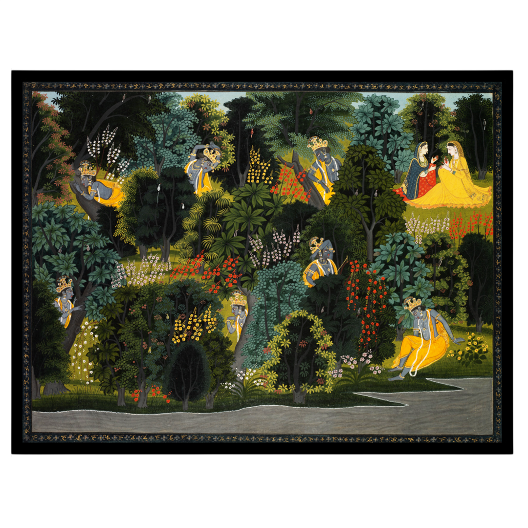 Immerse yourself in the serene beauty of Krishna and Radha amidst an enchanted forest in this for loft