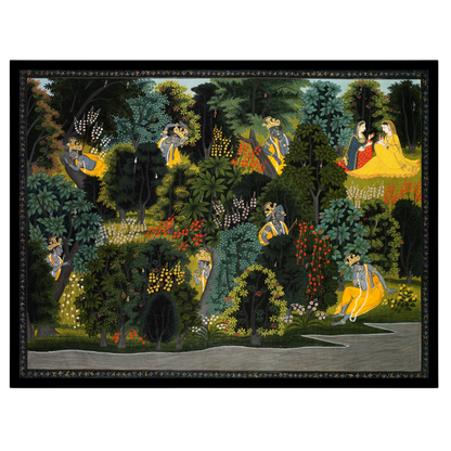 Immerse yourself in the serene beauty of Krishna and Radha amidst an enchanted forest in this for loft