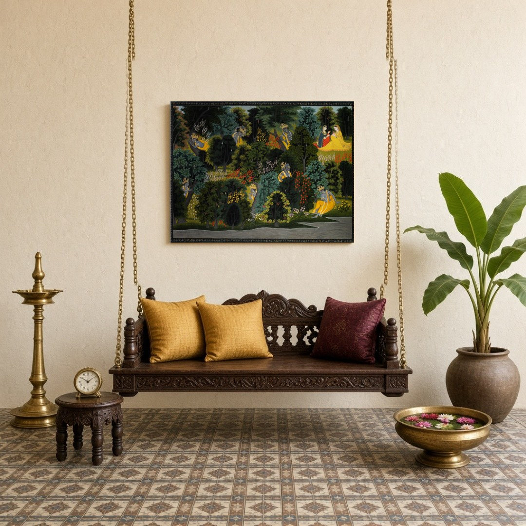 Immerse yourself in the serene beauty of Krishna and Radha amidst an enchanted forest in this for Sitting Lounge
