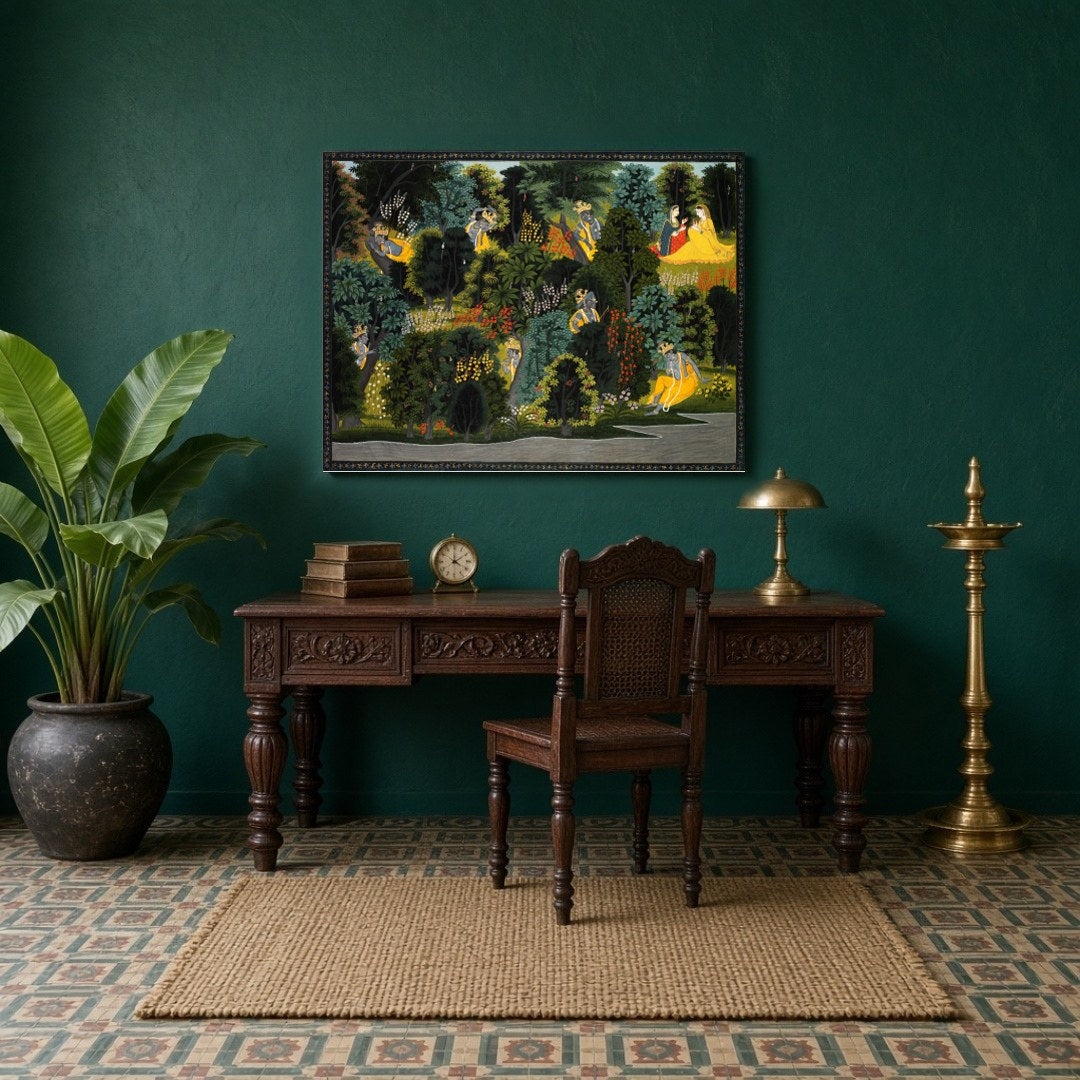 Immerse yourself in the serene beauty of Krishna and Radha amidst an enchanted forest in this for Study