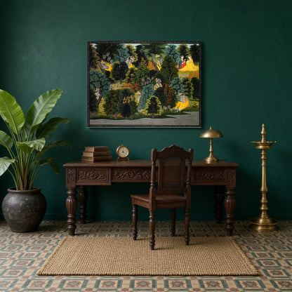 Immerse yourself in the serene beauty of Krishna and Radha amidst an enchanted forest in this for Study