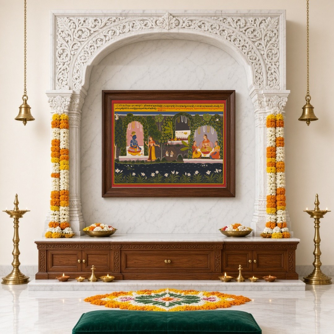 Step into a world of divine enchantment with this exquisite Pichwai art, capturing the serene union for Home Temple
