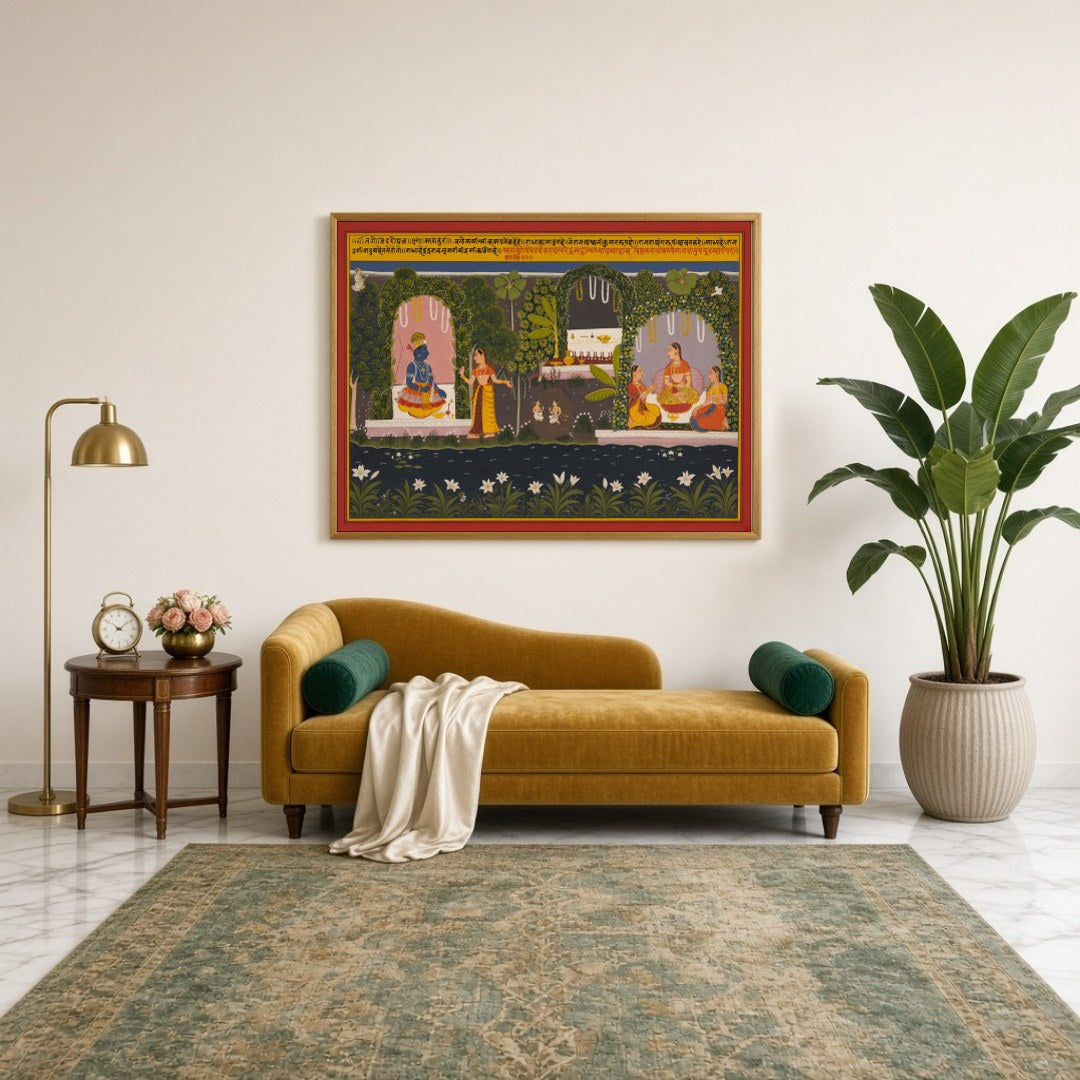 Step into a world of divine enchantment with this exquisite Pichwai art, capturing the serene union for Sitting Lounge