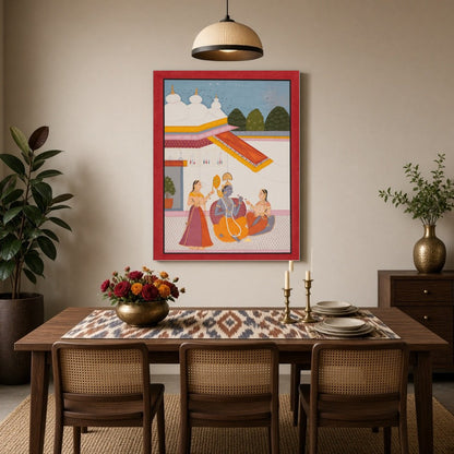Immerse yourself in the divine serenity of this Indo-Mughal artwork, capturing Lord Krishna for Dining