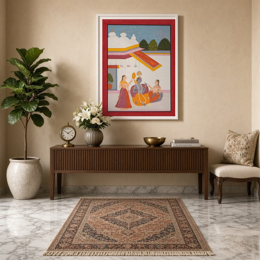 Immerse yourself in the divine serenity of this Indo-Mughal artwork, capturing Lord Krishna for Entrance