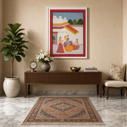 Immerse yourself in the divine serenity of this Indo-Mughal artwork, capturing Lord Krishna for Entrance