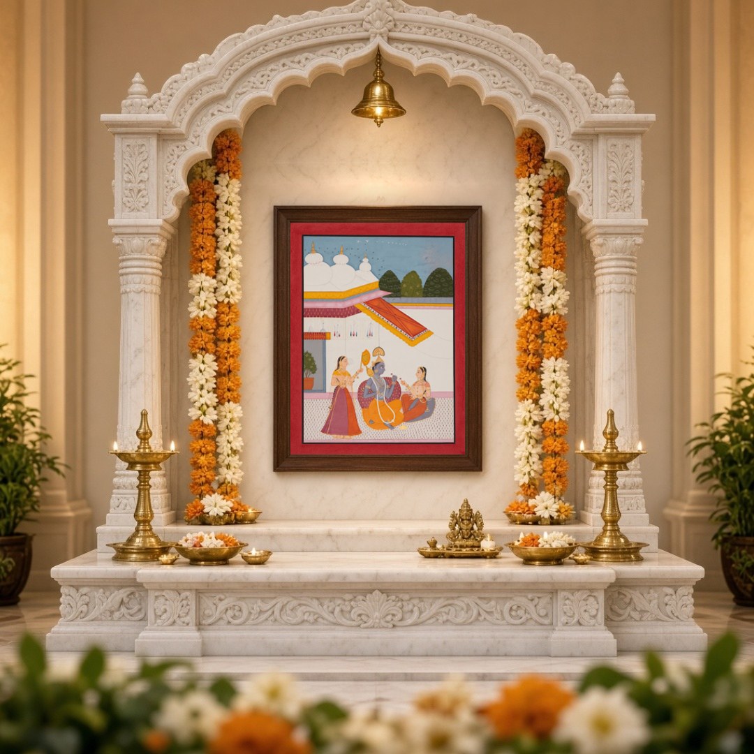 Immerse yourself in the divine serenity of this Indo-Mughal artwork, capturing Lord Krishna for Home Temple