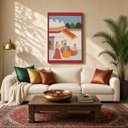 Immerse yourself in the divine serenity of this Indo-Mughal artwork, capturing Lord Krishna for Living Room