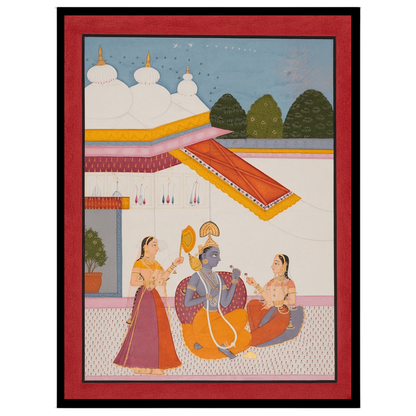 Immerse yourself in the divine serenity of this Indo-Mughal artwork, capturing Lord Krishna for residence