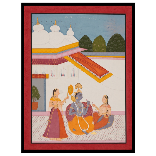 Immerse yourself in the divine serenity of this Indo-Mughal artwork, capturing Lord Krishna for residence