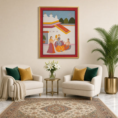 Immerse yourself in the divine serenity of this Indo-Mughal artwork, capturing Lord Krishna for Sitting Lounge