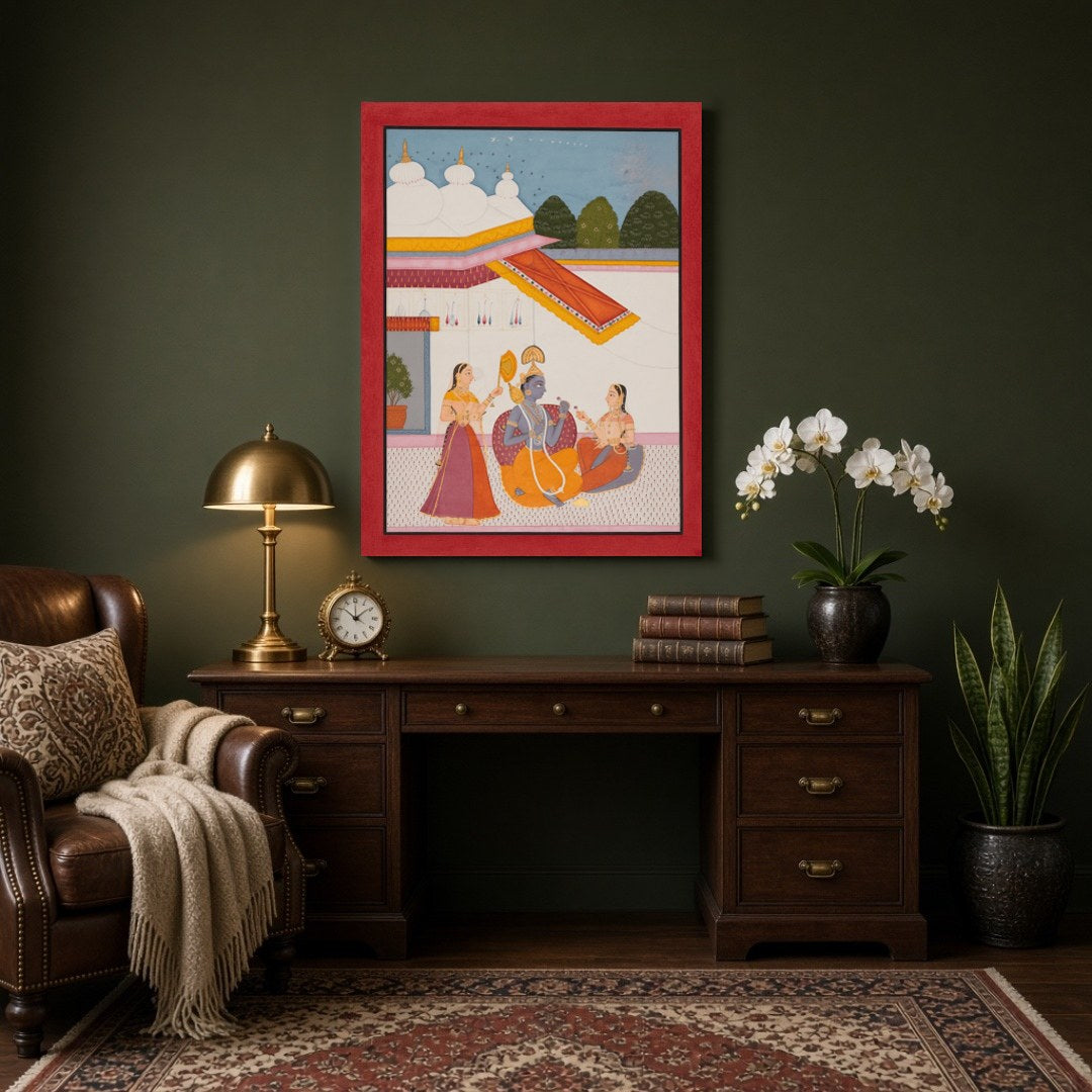 Immerse yourself in the divine serenity of this Indo-Mughal artwork, capturing Lord Krishna for Study