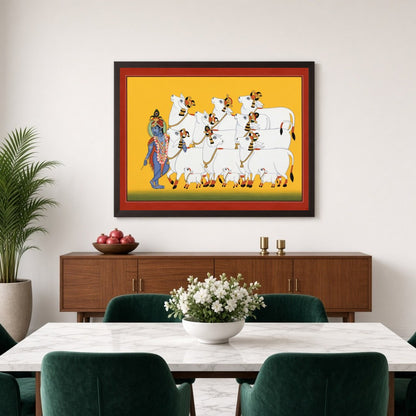 Immerse yourself in the divine presence of Krishna as he guides a serene procession of sacred cows, for Dining