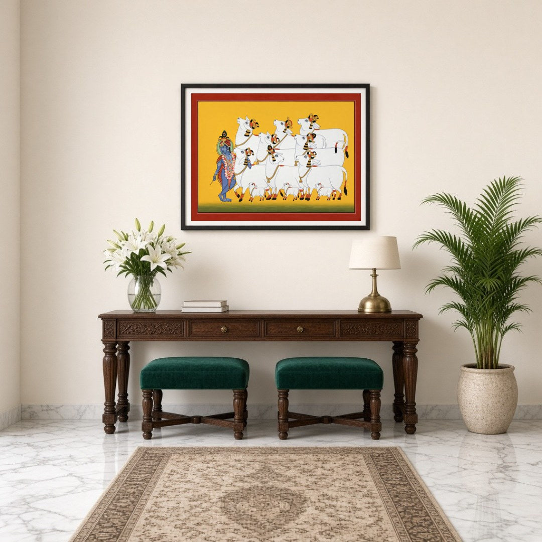 Immerse yourself in the divine presence of Krishna as he guides a serene procession of sacred cows, for Entrance